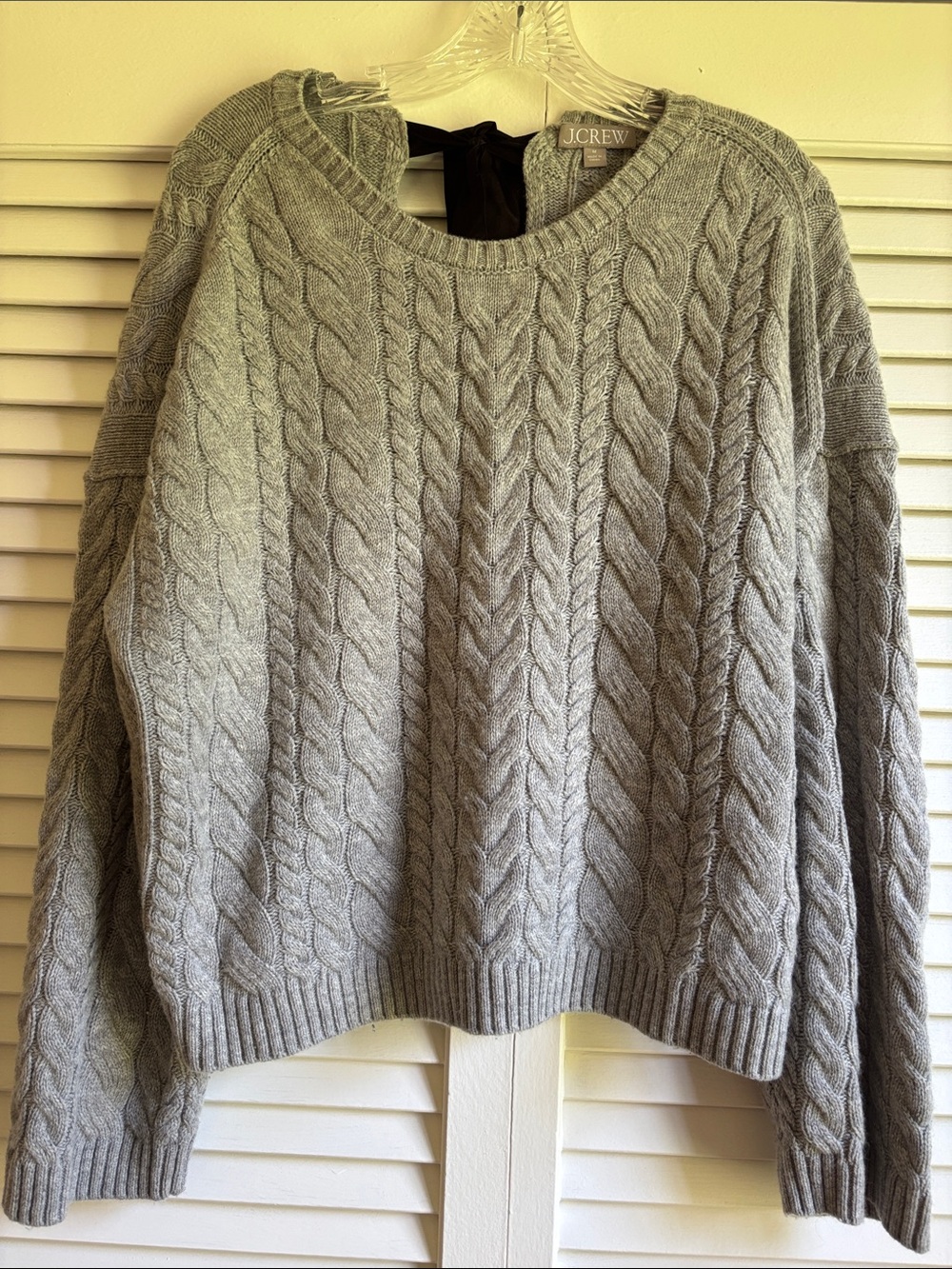 J. Crew Gray Cable Knit Lambswool Sweater Black Bow Back M